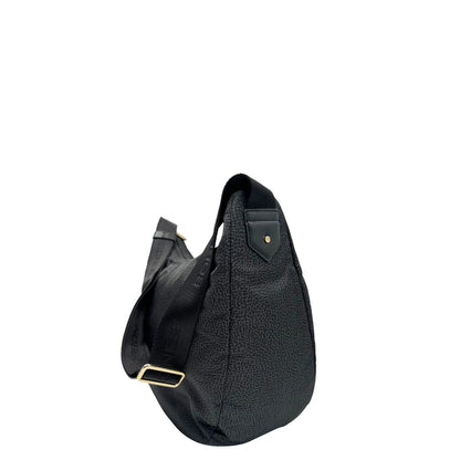 Laterale, Borsa Borbonese in poliestere color nero e grigio antracite trama occhio di pernice, morbida e capiente, presenta una tracolla regolabile e dettagli metallici color oro. Originale, usata, di lusso, in condizioni eccellenti.
