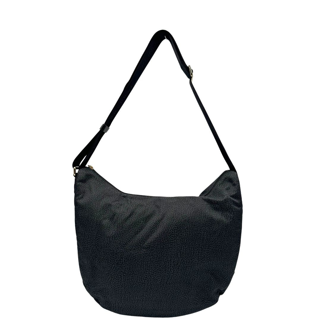 Front, Borsa Borbonese in poliestere color nero e grigio antracite trama occhio di pernice, morbida e capiente, presenta una tracolla regolabile e dettagli metallici color oro. Originale, usata, di lusso, in condizioni eccellenti.