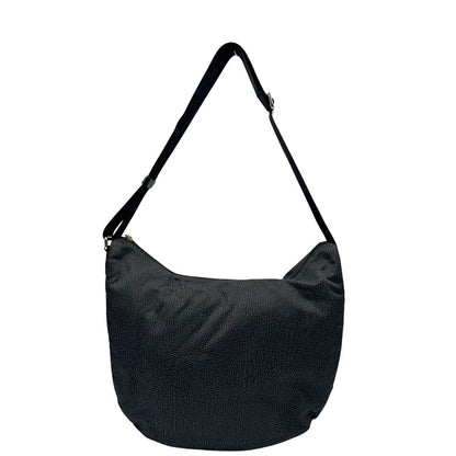 Front, Borsa Borbonese in poliestere color nero e grigio antracite trama occhio di pernice, morbida e capiente, presenta una tracolla regolabile e dettagli metallici color oro. Originale, usata, di lusso, in condizioni eccellenti.