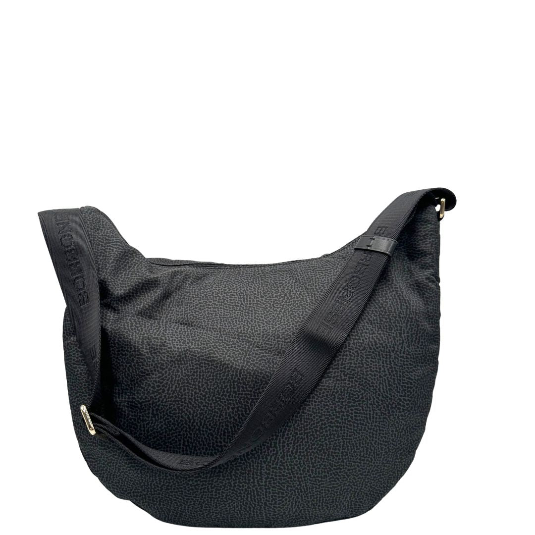 Retro, Borsa Borbonese in poliestere color nero e grigio antracite trama occhio di pernice, morbida e capiente, presenta una tracolla regolabile e dettagli metallici color oro. Originale, usata, di lusso, in condizioni eccellenti.