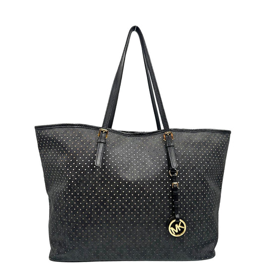 front Borsa MK in pelle nera traforata e logata con hardware dorato, munita di doppi manici, da portare a spalla, di lusso, originale, ottime condizioni