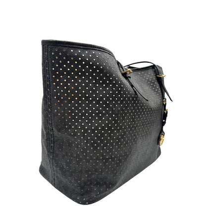 lato Borsa MK in pelle nera traforata e logata con hardware dorato, munita di doppi manici, da portare a spalla, di lusso, originale, ottime condizioni