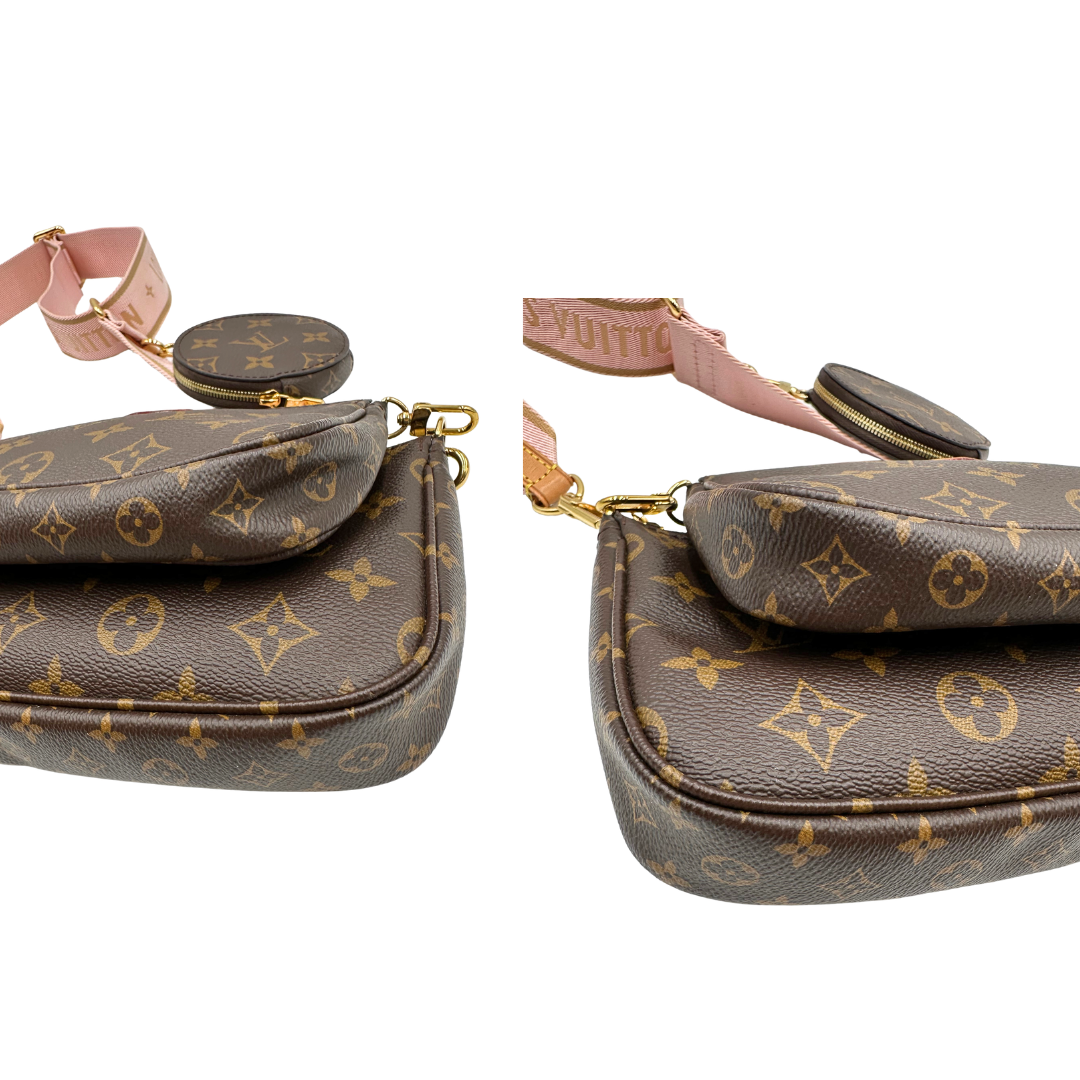 Angoli di una Multi Pochette Accessoires Louis Vuitton in canvas marrone monogram con dettagli in vacchetta naturale, manico in catena dorata e tracolla in tessuto Jacquard rosa, usata, originale, second hand, in ottime condizioni.