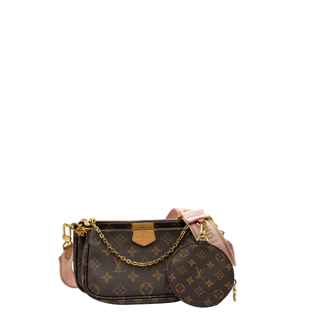 Front di una Multi Pochette Accessoires Louis Vuitton in canvas marrone monogram con dettagli in vacchetta naturale, manico in catena dorata e tracolla in tessuto Jacquard rosa, usata, originale, second hand, in ottime condizioni.