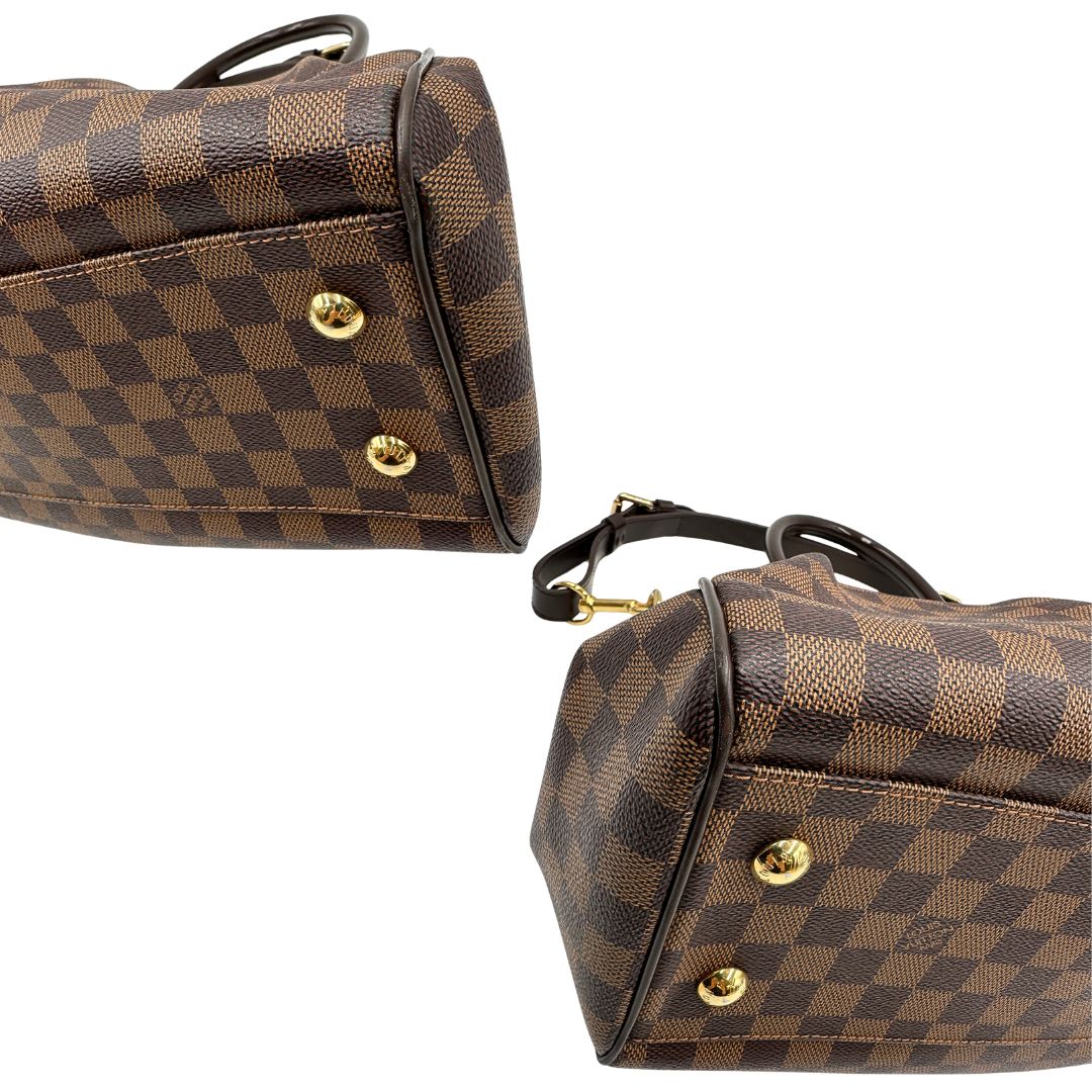 Angoli di una borsa LV in canvas Damier Ébène nella versione MM, con dettagli metallici dorati, usata, originale, second hand, in ottime condizioni.
