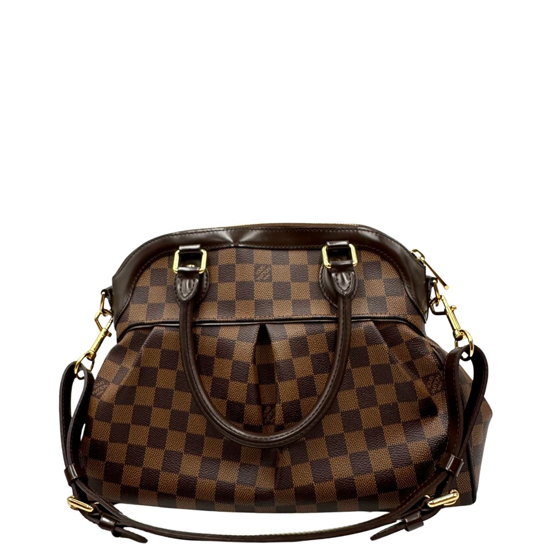 Retro di una borsa LV in canvas Damier Ébène nella versione MM, con dettagli metallici dorati, usata, originale, second hand, in ottime condizioni.
