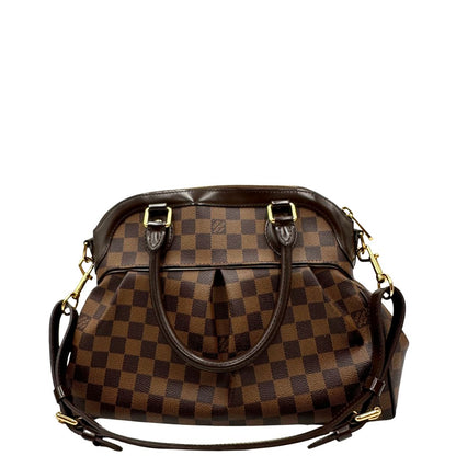 Retro di una borsa LV in canvas Damier Ébène nella versione MM, con dettagli metallici dorati, usata, originale, second hand, in ottime condizioni.