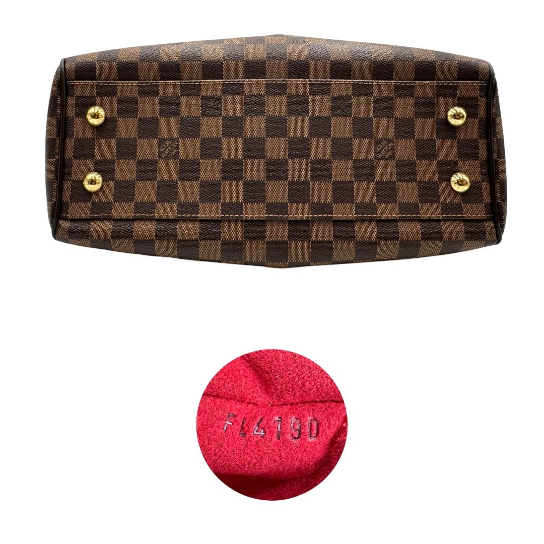Base e codici di una borsa LV in canvas Damier Ébène nella versione MM, con dettagli metallici dorati, usata, originale, second hand, in ottime condizioni.