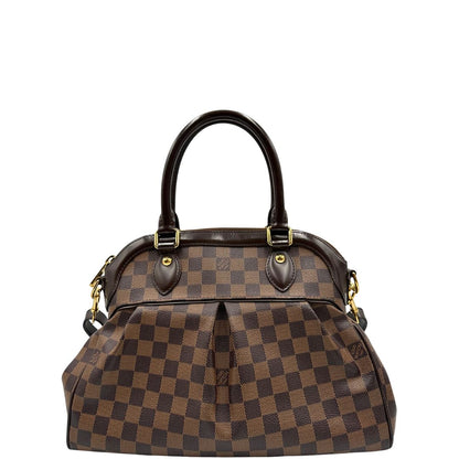 Front di una borsa LV in canvas Damier Ébène nella versione MM, con dettagli metallici dorati, usata, originale, second hand, in ottime condizioni.