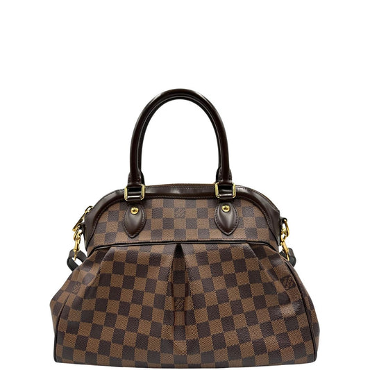 Front di una borsa LV in canvas Damier Ébène nella versione MM, con dettagli metallici dorati, usata, originale, second hand, in ottime condizioni.