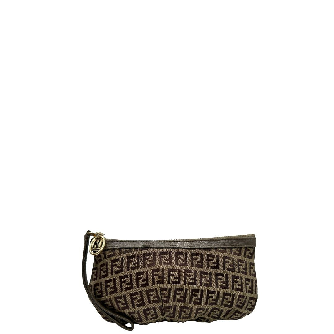 Pochette Fendi in tessuto marrone trama Zucchino con finiture in pelle color tortora, di lusso, originale, ottime condizioni