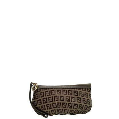 Pochette Fendi in tessuto marrone trama Zucchino con finiture in pelle color tortora, di lusso, originale, ottime condizioni