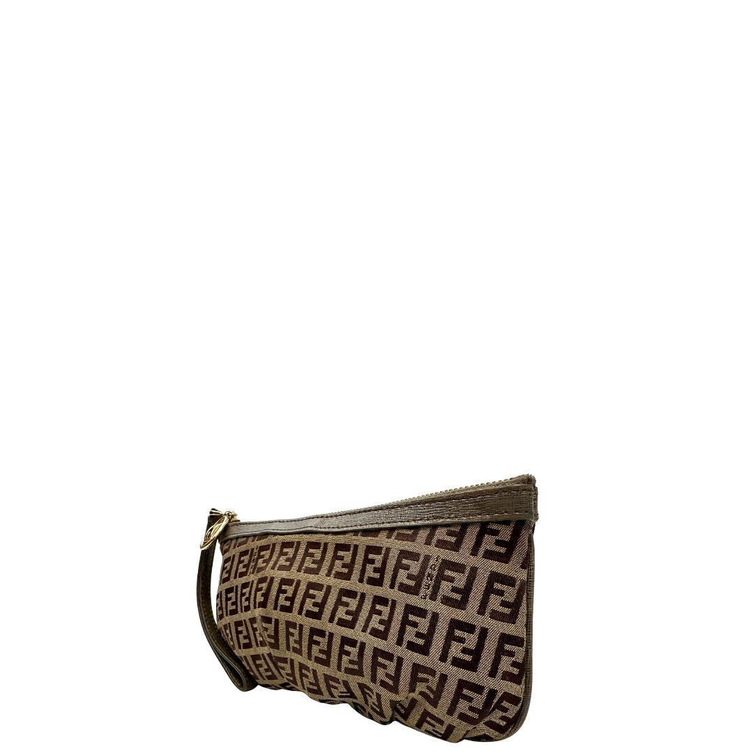 Pochette Fendi in tessuto marrone trama Zucchino con finiture in pelle color tortora, di lusso, originale, ottime condizioni