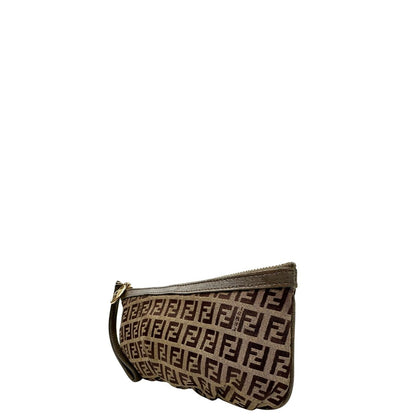Pochette Fendi in tessuto marrone trama Zucchino con finiture in pelle color tortora, di lusso, originale, ottime condizioni