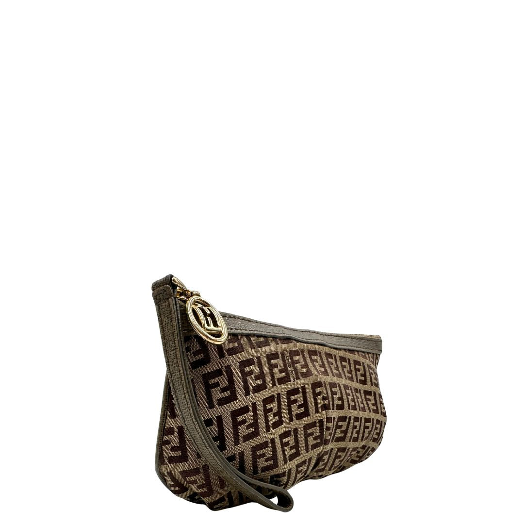 Pochette Fendi in tessuto marrone trama Zucchino con finiture in pelle color tortora, di lusso, originale, ottime condizioni