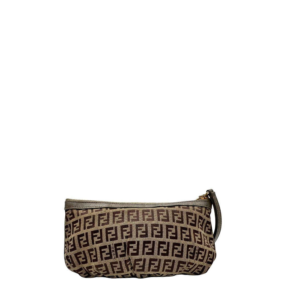 Pochette Fendi in tessuto marrone trama Zucchino con finiture in pelle color tortora, di lusso, originale, ottime condizioni