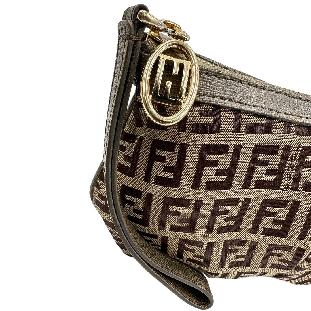 Pochette Fendi in tessuto marrone trama Zucchino con finiture in pelle color tortora, di lusso, originale, ottime condizioni