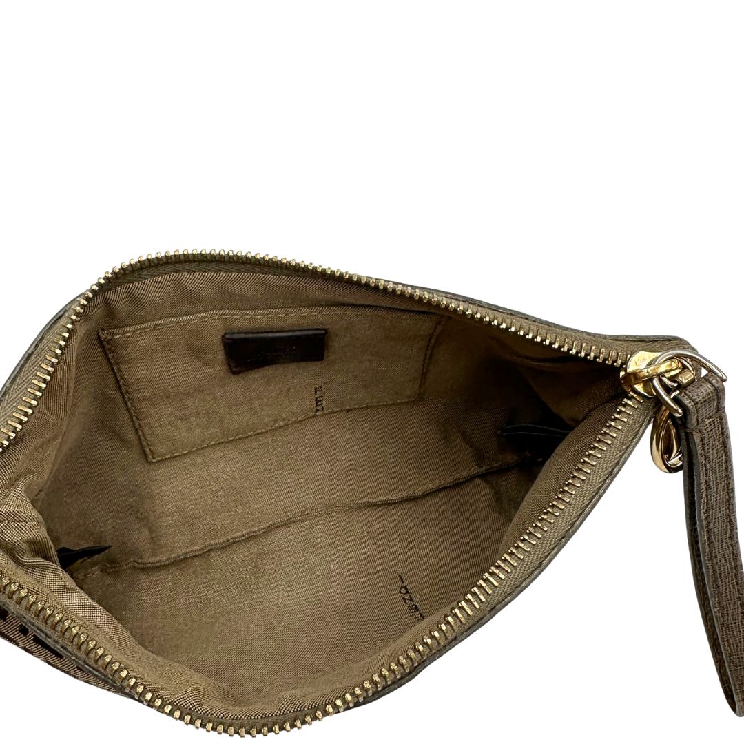 interno Pochette Fendi in tessuto marrone trama Zucchino con finiture in pelle color tortora, di lusso, originale, ottime condizioni 