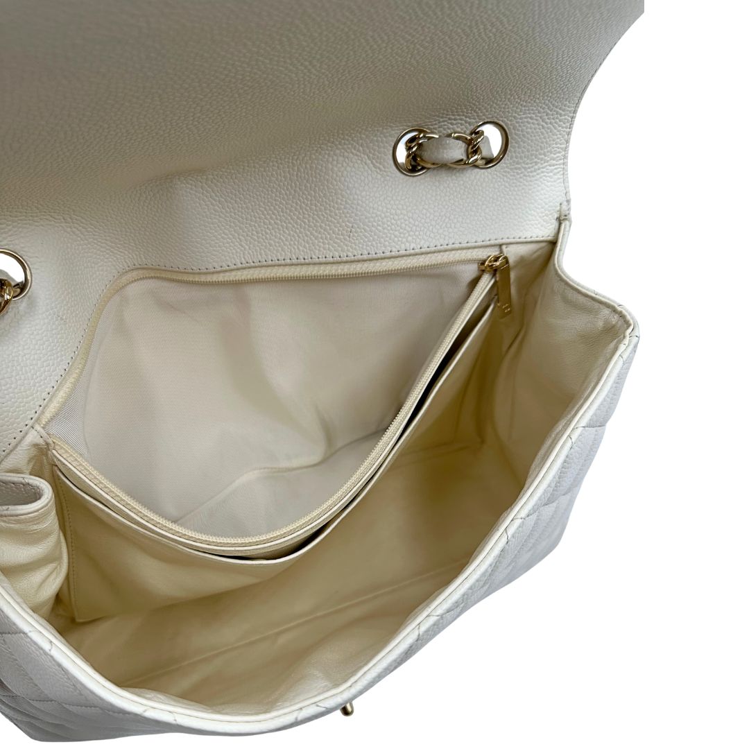 interno Borsa Chanel linea Timeless, in pelle caviar bianca, di lusso, originale, ottime condizioni, usata