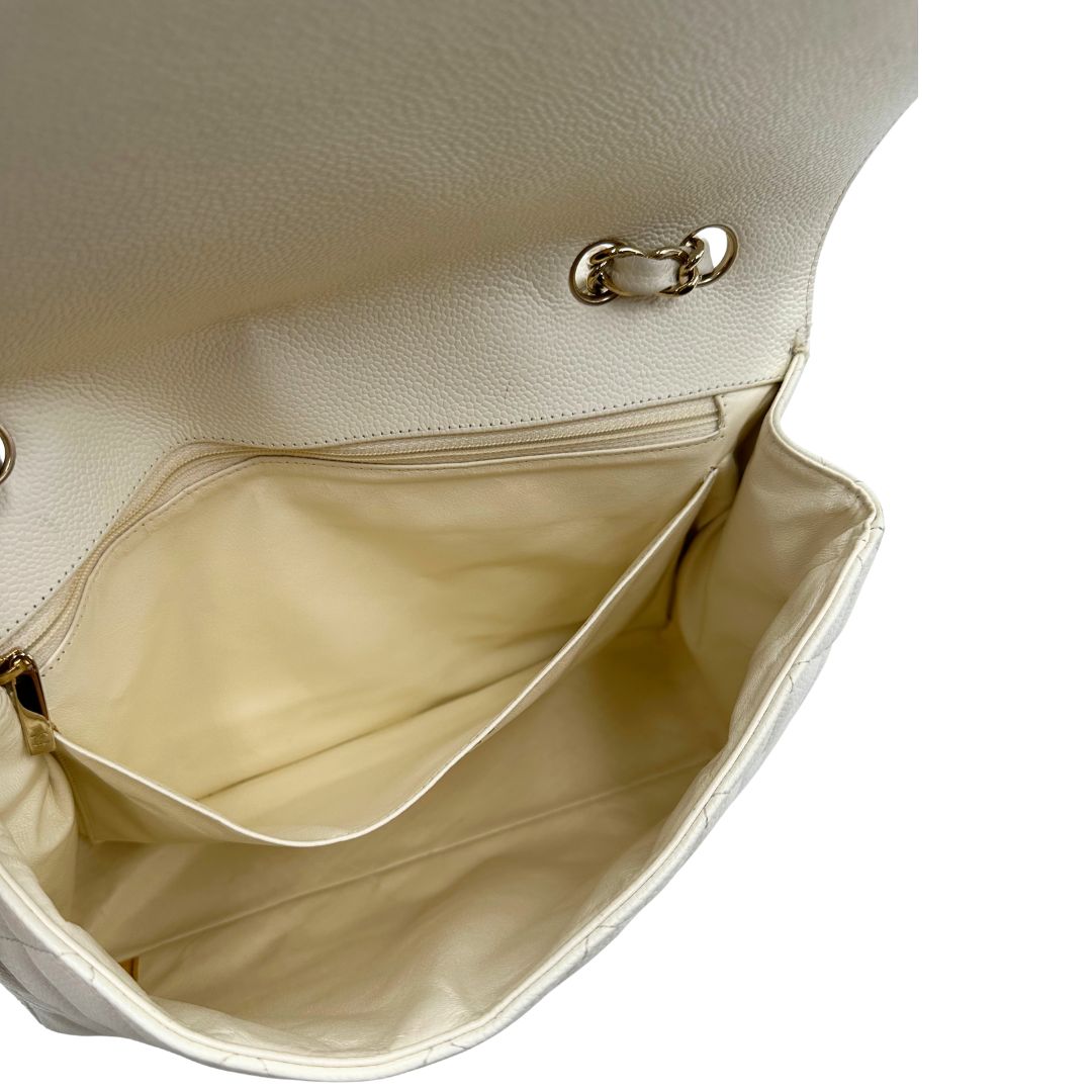 interno Borsa Chanel linea Timeless, in pelle caviar bianca, di lusso, originale, ottime condizioni, usata