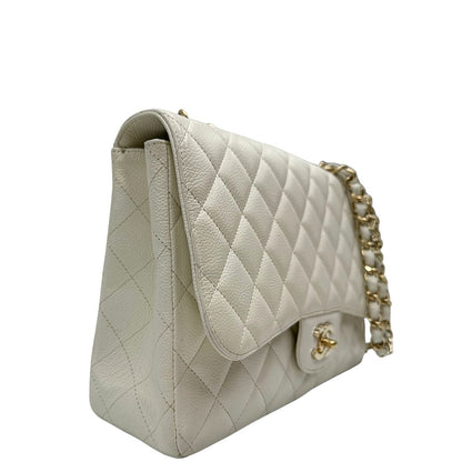 lato  Borsa Chanel linea Timeless, in pelle caviar bianca, di lusso, originale, ottime condizioni, usata 