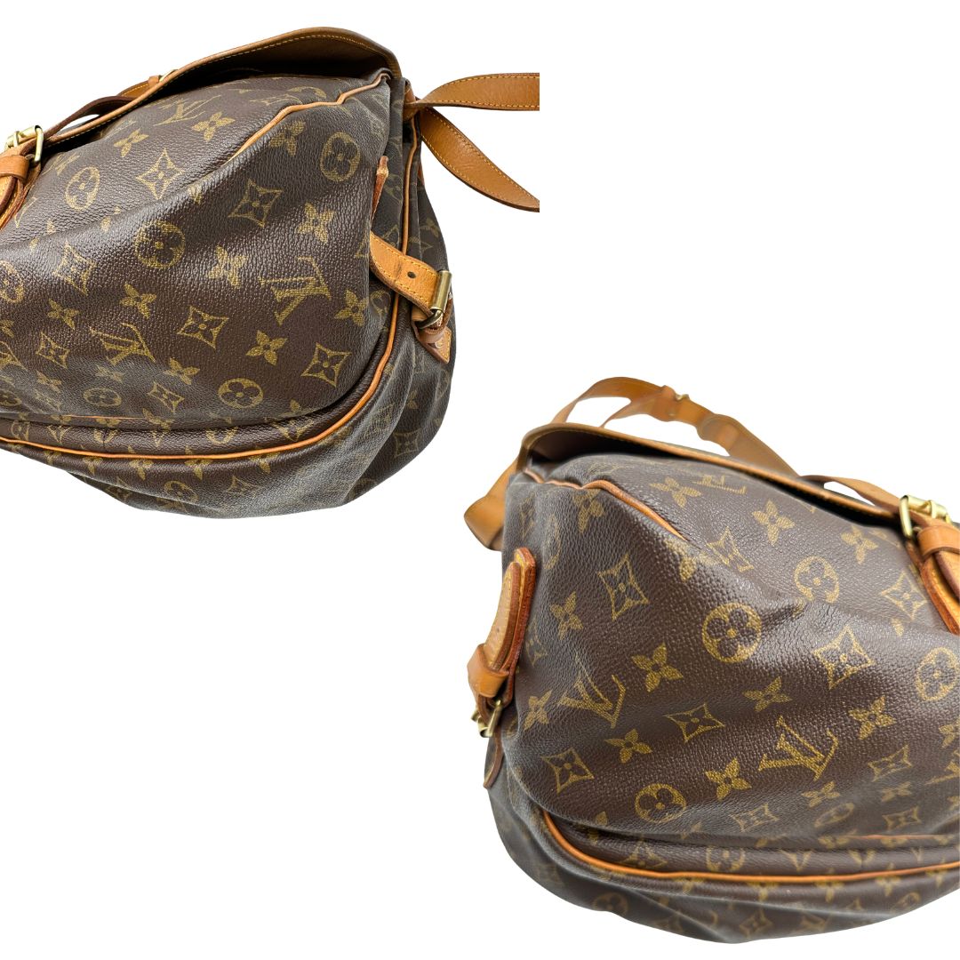 Angoli, Borsa Saumur LV monogram nella misura 35 realizzata in canvas monogram e finiture in vacchetta naturale. Originale, usata, di lusso, in ottime condizioni.