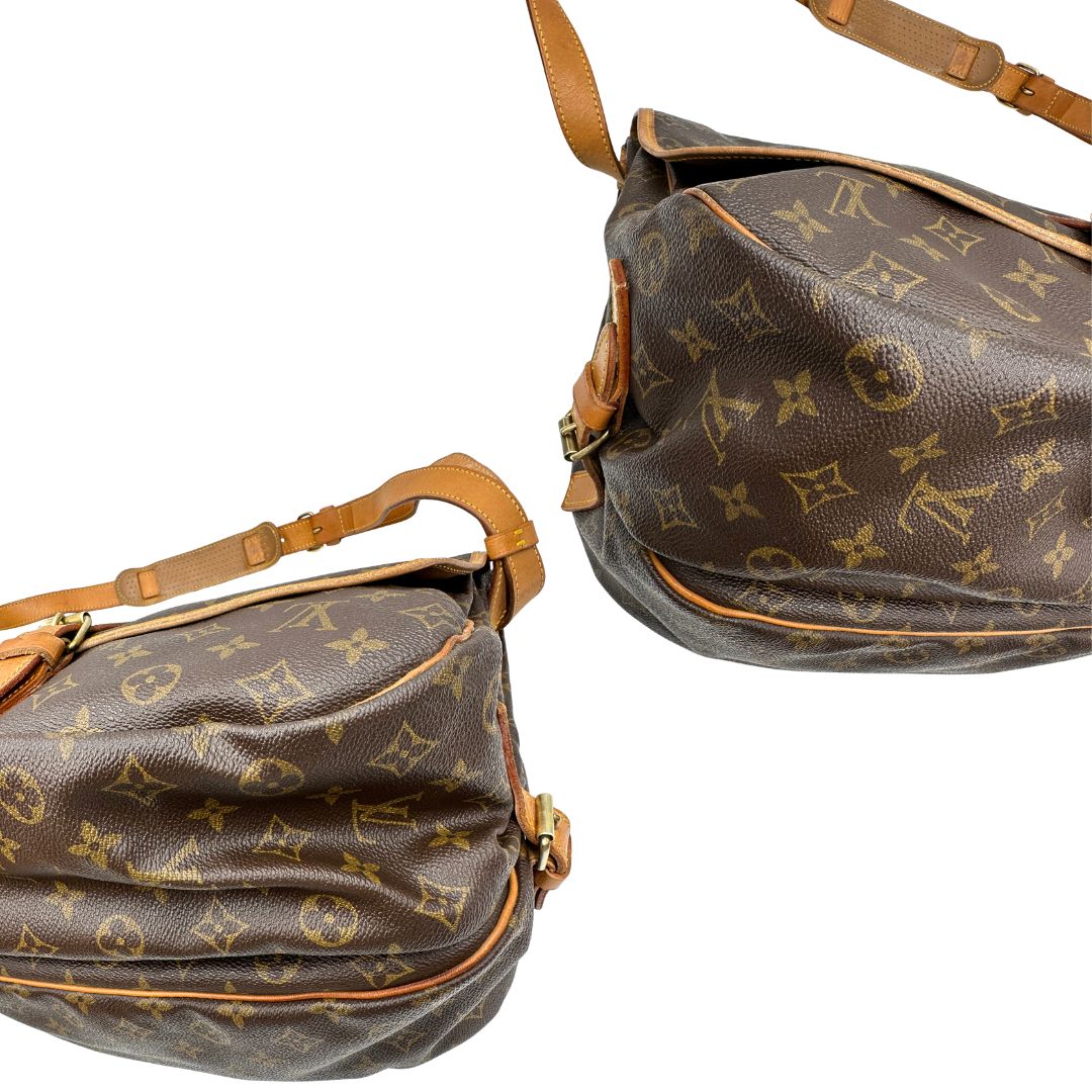 Angoli, Borsa Saumur LV monogram nella misura 35 realizzata in canvas monogram e finiture in vacchetta naturale. Originale, usata, di lusso, in ottime condizioni.