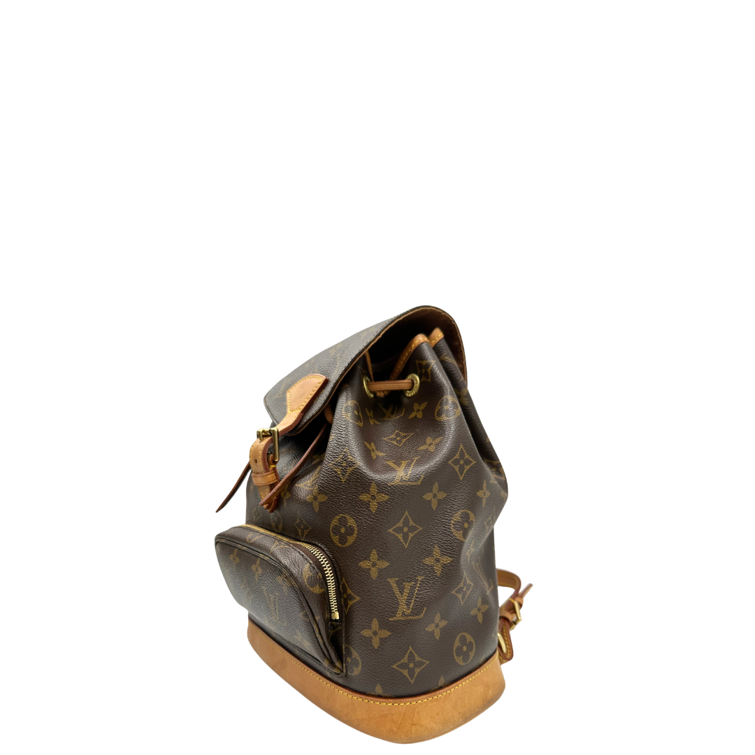  Zaino Montsouris mini in canvas marrone monogram con finiture in vacchetta naturale e parti metalliche dorate, di lusso, originale, usato