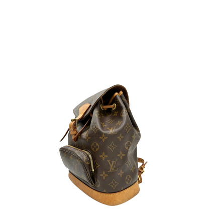  Zaino Montsouris mini in canvas marrone monogram con finiture in vacchetta naturale e parti metalliche dorate, di lusso, originale, usato