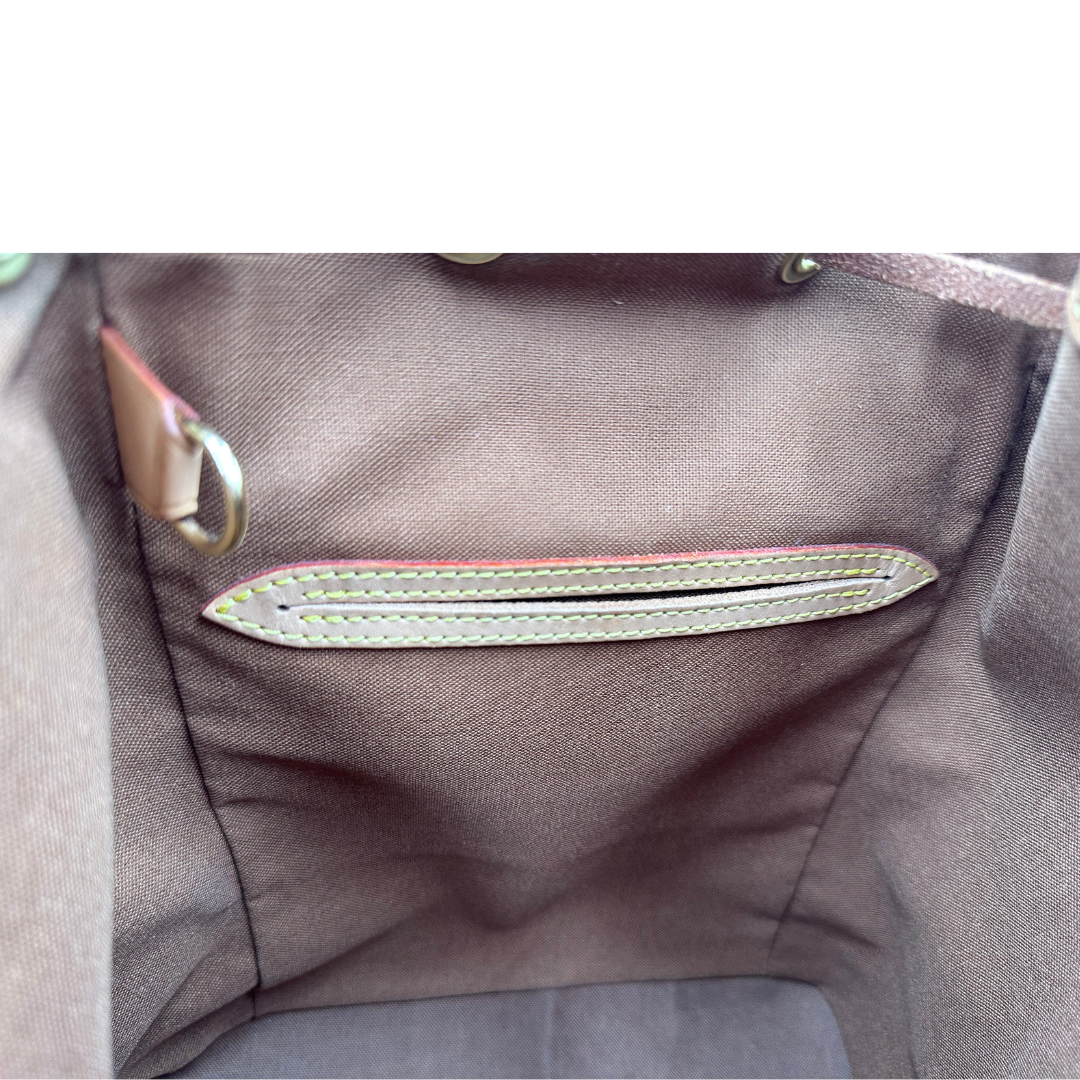 interno Zaino Montsouris mini in canvas marrone monogram con finiture in vacchetta naturale e parti metalliche dorate, di lusso, originale, usato