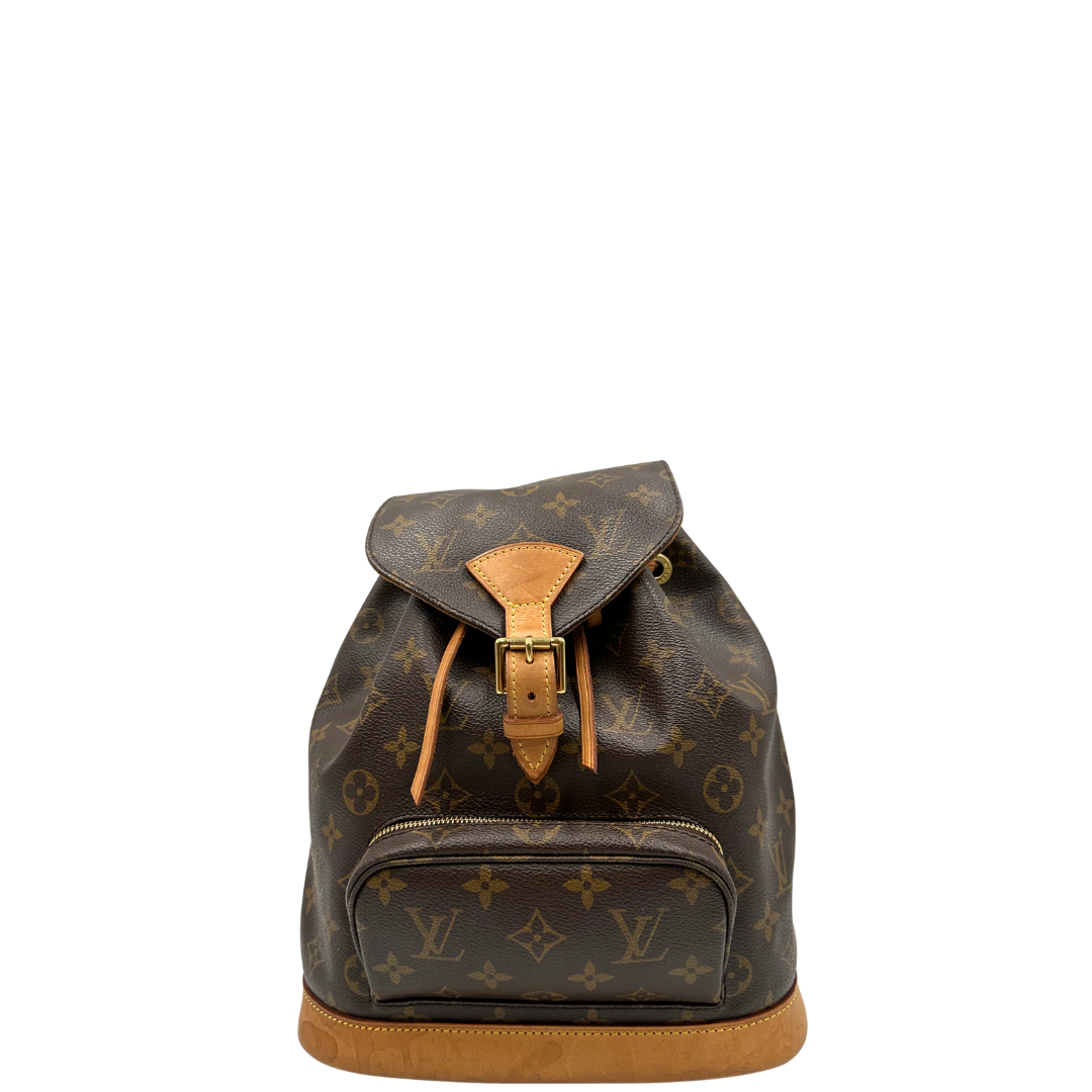  Zaino Montsouris mini in canvas marrone monogram con finiture in vacchetta naturale e parti metalliche dorate, di lusso, originale, usato