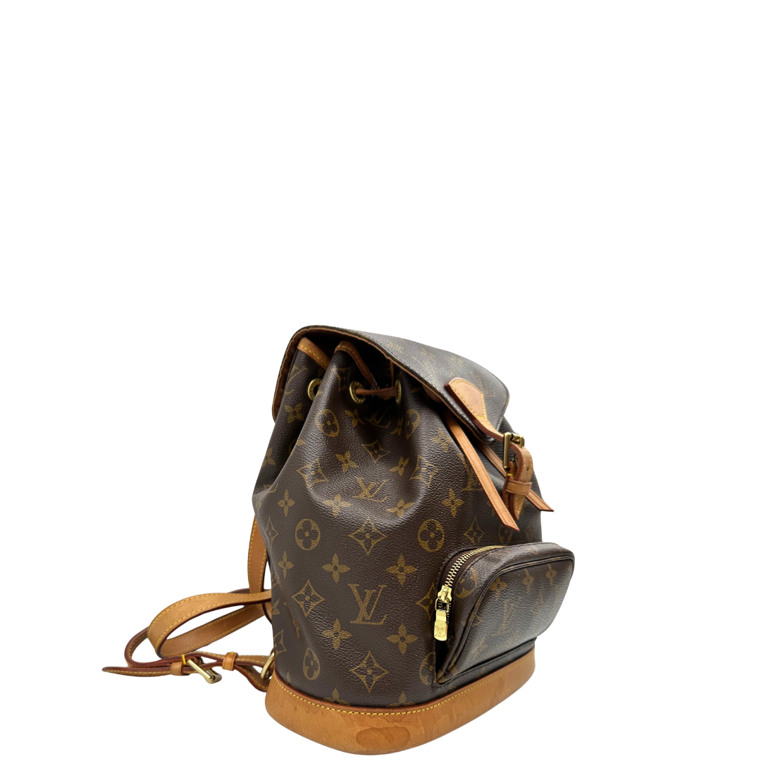  Zaino Montsouris mini in canvas marrone monogram con finiture in vacchetta naturale e parti metalliche dorate, di lusso, originale, usato