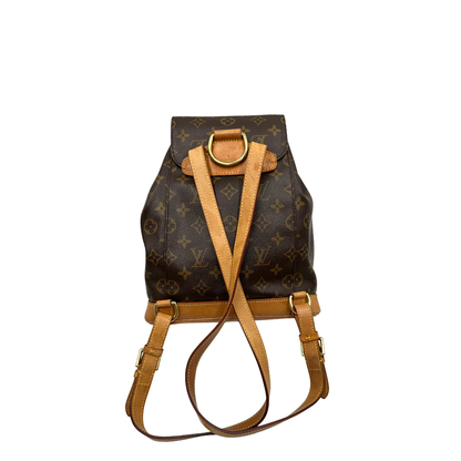  Zaino Montsouris mini in canvas marrone monogram con finiture in vacchetta naturale e parti metalliche dorate, di lusso, originale, usato