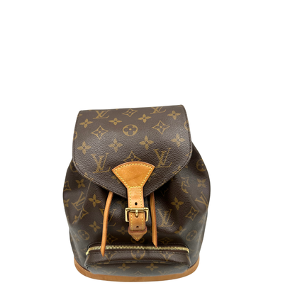  Zaino Montsouris mini in canvas marrone monogram con finiture in vacchetta naturale e parti metalliche dorate, di lusso, originale, usato