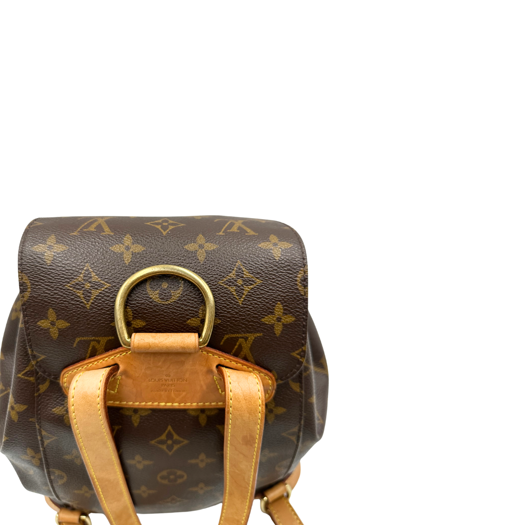  Zaino Montsouris mini in canvas marrone monogram con finiture in vacchetta naturale e parti metalliche dorate, di lusso, originale, usato