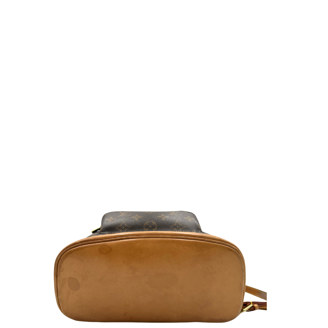 Zaino Montsouris mini in canvas marrone monogram con finiture in vacchetta naturale e parti metalliche dorate, di lusso, originale, usato