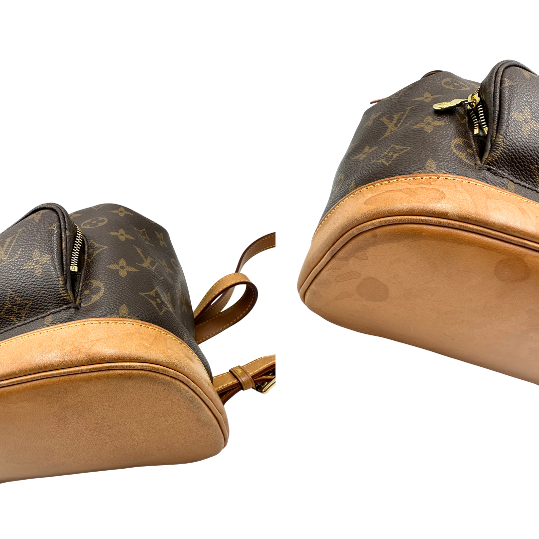  Zaino Montsouris mini in canvas marrone monogram con finiture in vacchetta naturale e parti metalliche dorate, di lusso, originale, usato