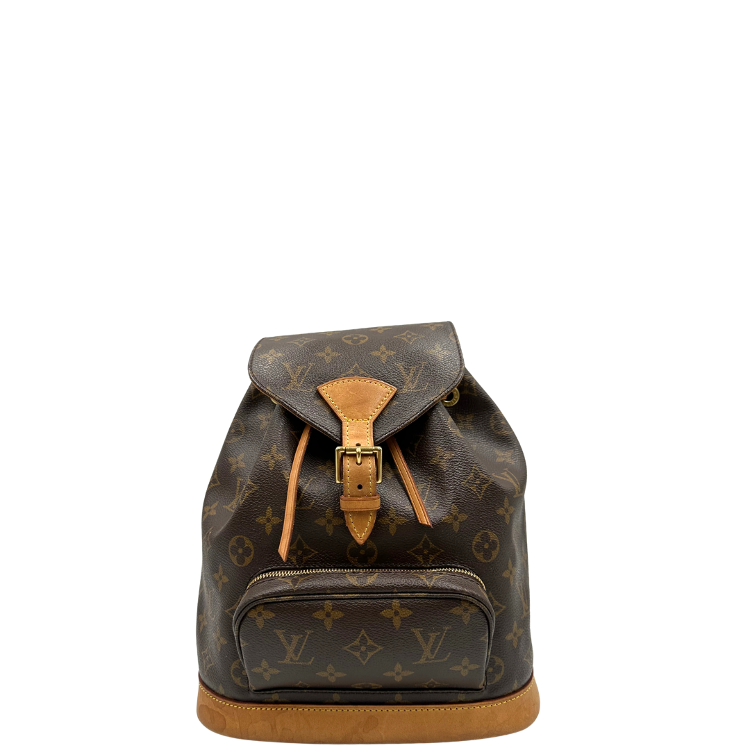  Zaino Montsouris mini in canvas marrone monogram con finiture in vacchetta naturale e parti metalliche dorate, di lusso, originale, usato