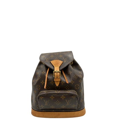  Zaino Montsouris mini in canvas marrone monogram con finiture in vacchetta naturale e parti metalliche dorate, di lusso, originale, usato