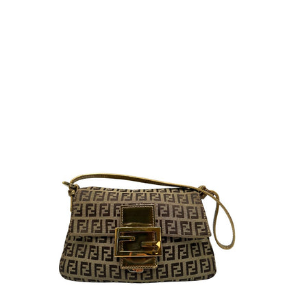 Front di una borsa a spalla Fendi in tessuto beige e marrone trama Zucchino, con finiture in pelle dorate, usata, originale, second hand, in ottime condizioni.