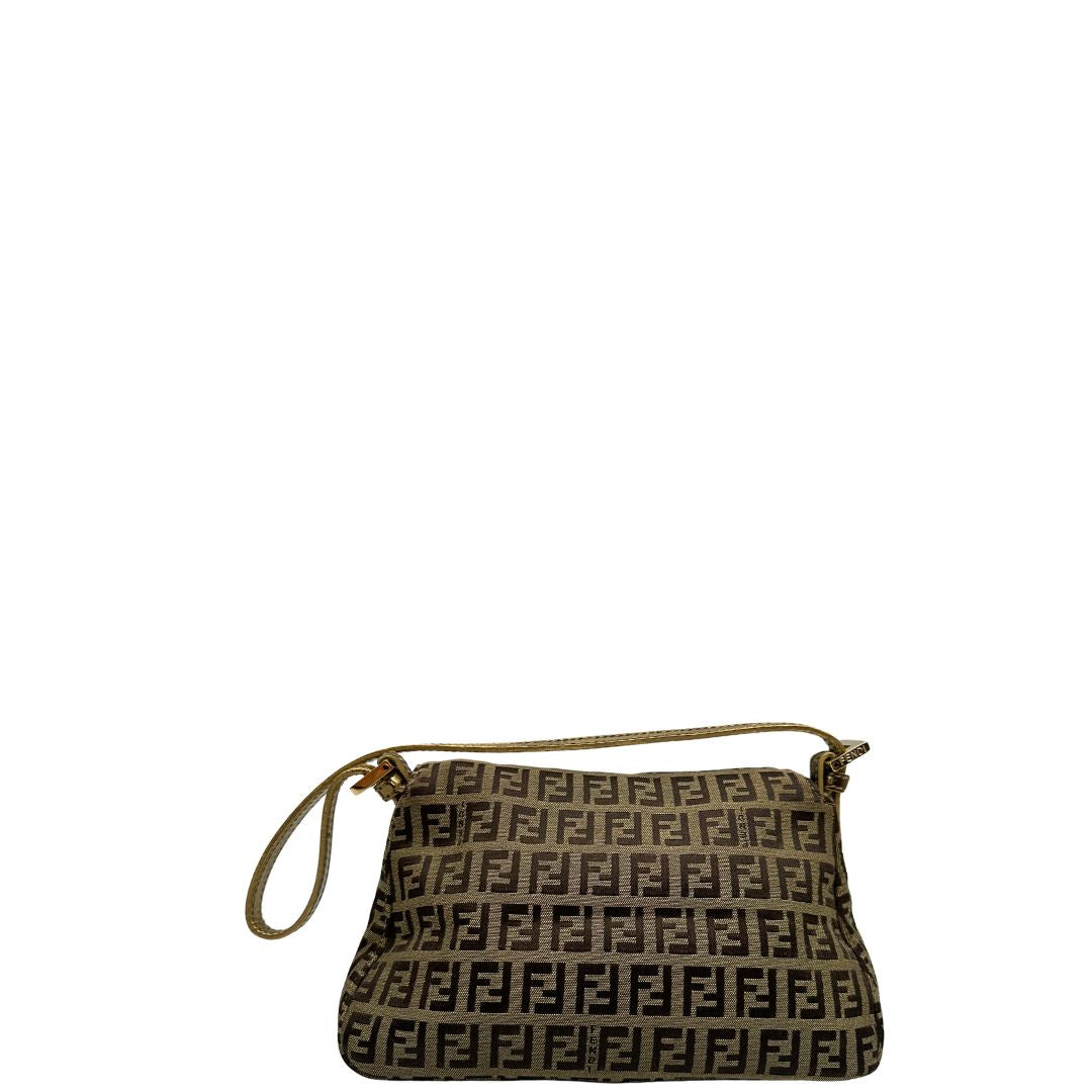 Retro di una borsa a spalla Fendi in tessuto beige e marrone trama Zucchino, con finiture in pelle dorate, usata, originale, second hand, in ottime condizioni.