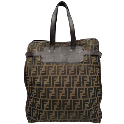 front Borsa Fendi in tessuto trama Zucca con finiture in pelle marrone; munita di doppi manici, di lusso, originale, ottime condizioni, usata 