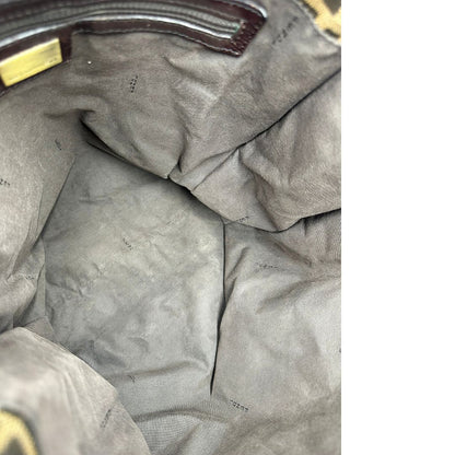 interno Borsa Fendi in tessuto trama Zucca con finiture in pelle marrone; munita di doppi manici, di lusso, originale, ottime condizioni, usata 