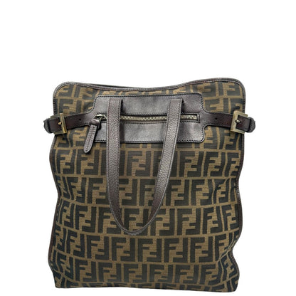 retro Borsa Fendi in tessuto trama Zucca con finiture in pelle marrone; munita di doppi manici, di lusso, originale, ottime condizioni, usata 