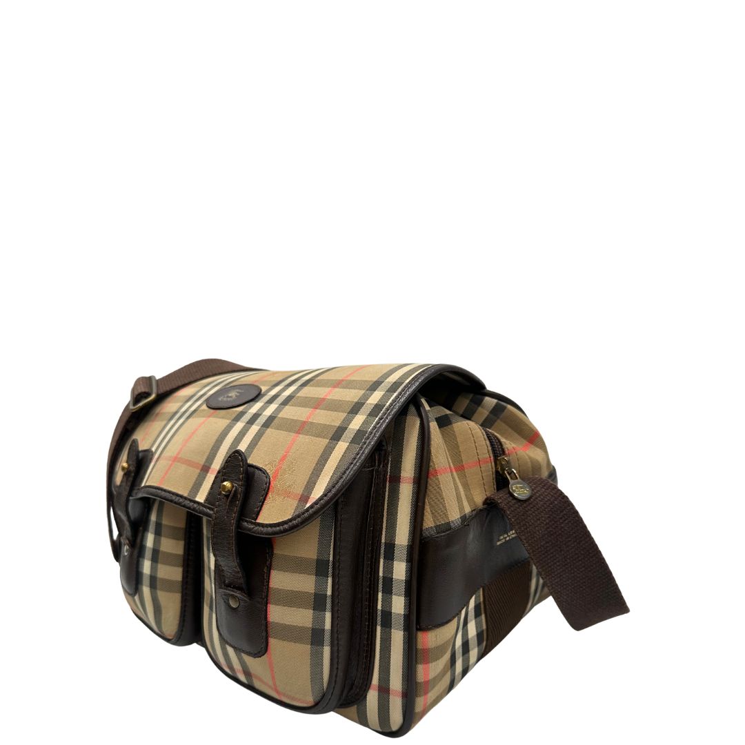 lato Cartella Burberrys in tessuto trama tartan con finiture in pelle marroni, di lusso, originale, buone condizioni, usata 