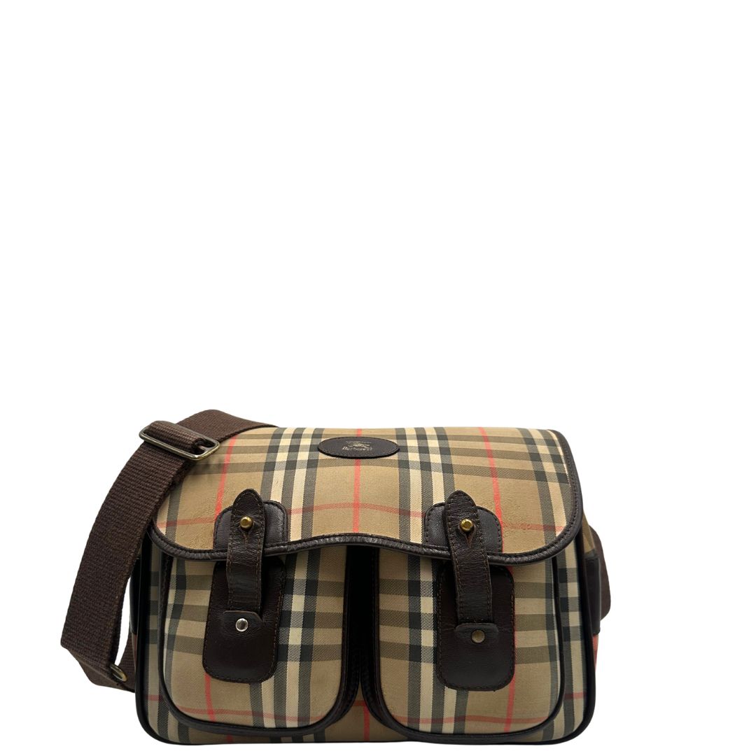 front  Cartella Burberrys in tessuto trama tartan con finiture in pelle marroni, di lusso, originale, buone condizioni, usata