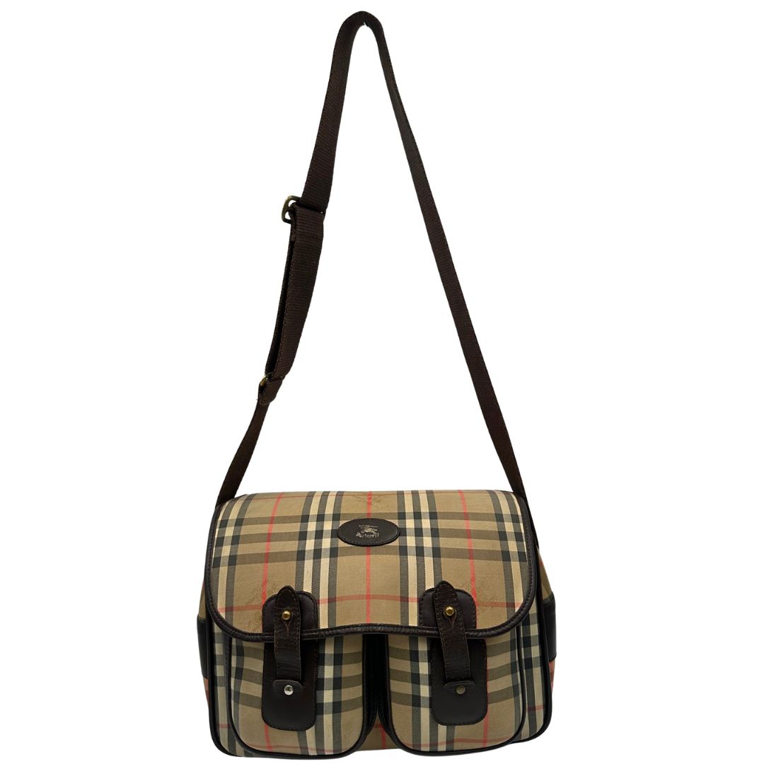 front Cartella Burberrys in tessuto trama tartan con finiture in pelle marroni, di lusso, originale, buone condizioni, usata 