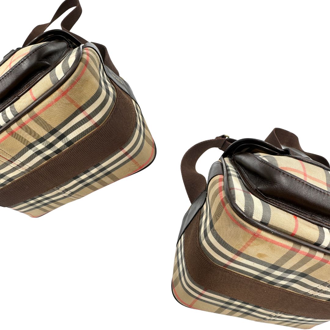 angoli Cartella Burberrys in tessuto trama tartan con finiture in pelle marroni, di lusso, originale, buone condizioni, usata