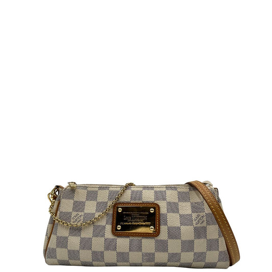 front Borsa Louis Vuitton Eva in canvas Damier Azur con parti metalliche dorate, di lusso, originale, ottime condizioni, usata 