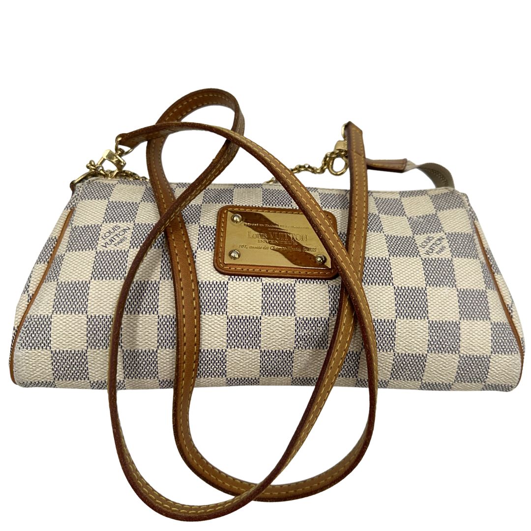 Borsa Louis Vuitton Eva in canvas Damier Azur con parti metalliche dorate, di lusso, originale, ottime condizioni, usata